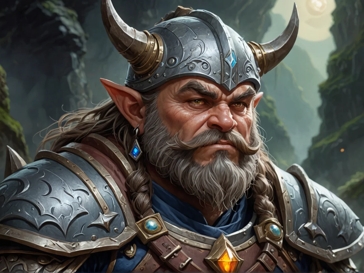 Deep-rooted (Dwarf:1.1), Knight, Moon-shaped earring, close-up portrait, deep ravine, weak