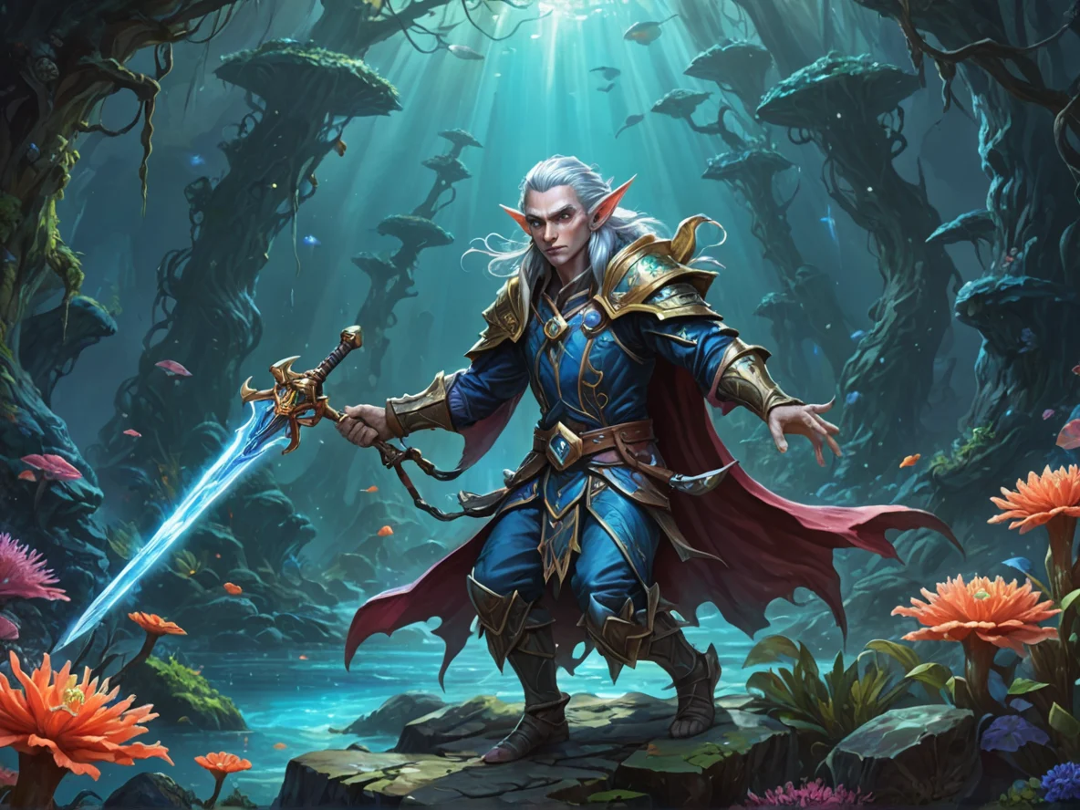 Gloomy (Elf:1.1), Wizard, Sword that drains the life force of enemies, dynamic angle, coral reef, weak