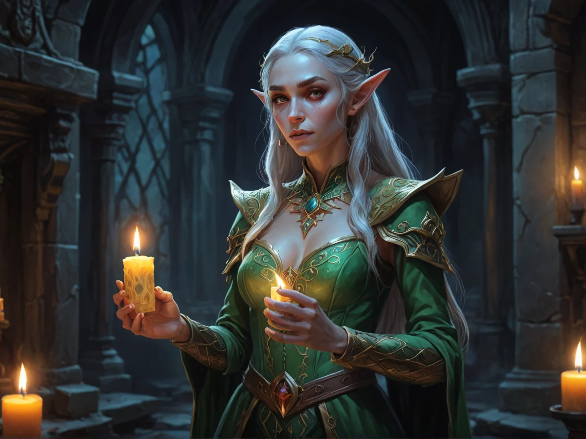 Deep-rooted (Elf:1.1), Oracle, In a haunted manor, holding a flickering candle, medium close-up, weak