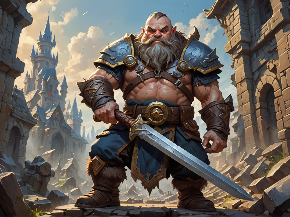 Heroic (Dwarf:1.1), Sentinel, Holding a broken sword as its pieces reconnect, low angle shot, ruined city, weak