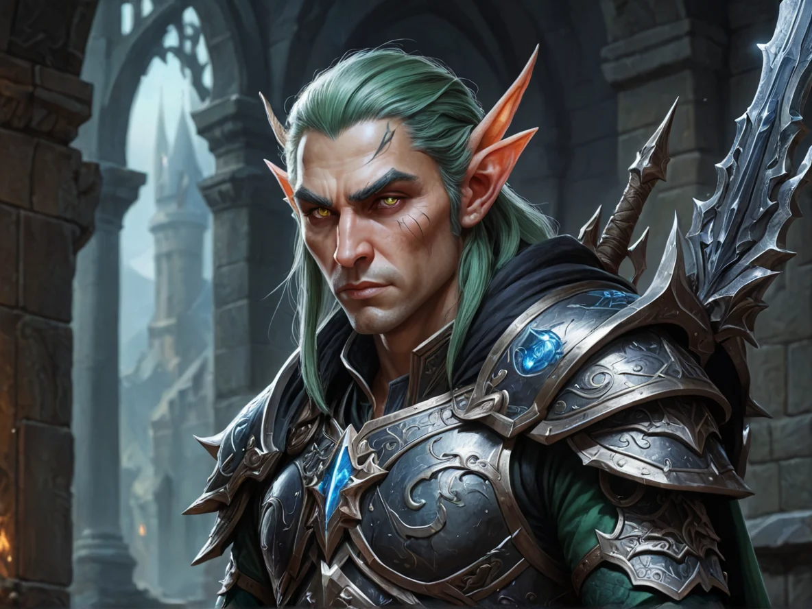 Quick-witted (Elf:1.1), Hunter, A lance made from a single thorn of black crystal, close-up portrait, castle battlements, weak