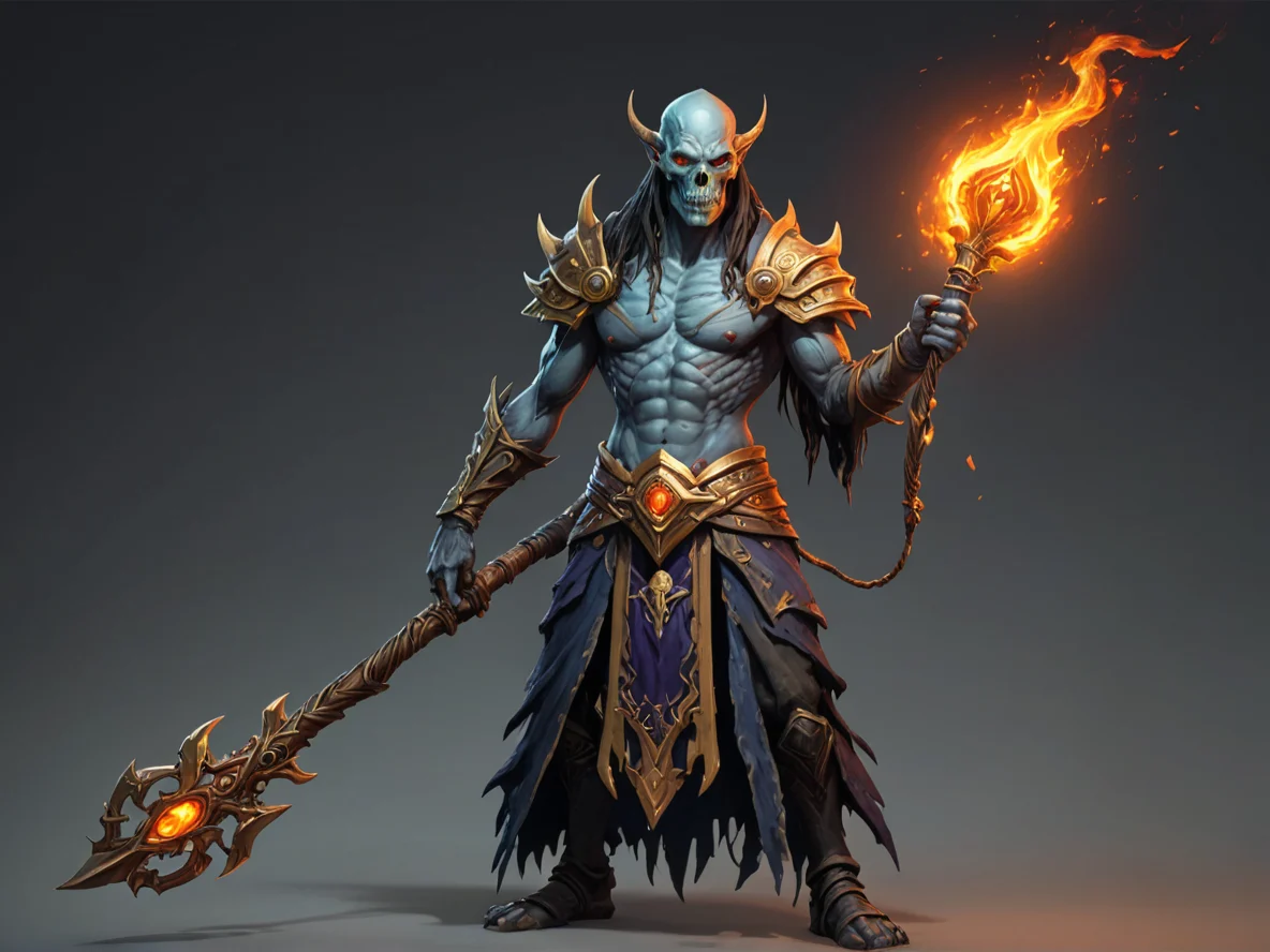 Flame-touched (Undead:1.1), Soulbinder, A staff shaped like a twisted key, three-quarter view, weak