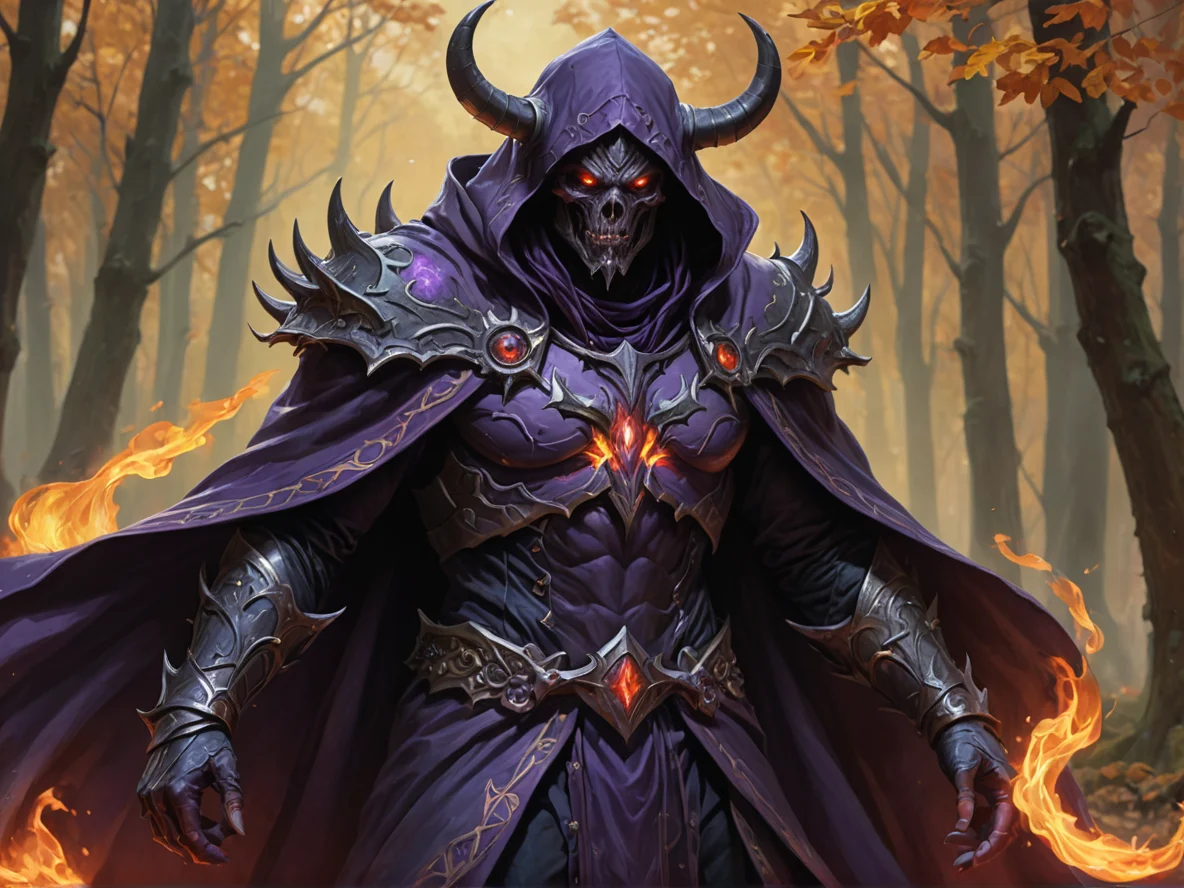 Stealthy (Demon:1.1), Voidwalker, A cloak that billows like living smoke, medium close-up, autumn forest, weak