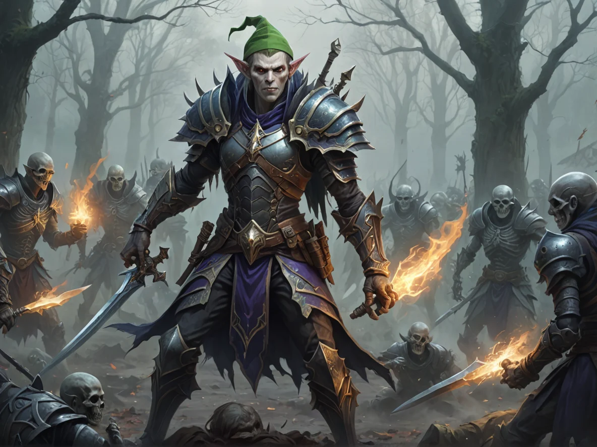 Stealthy (Elf:1.1), Duelist, On a battlefield surrounded by skeletal warriors, three-quarter view, foggy graveyard, weak