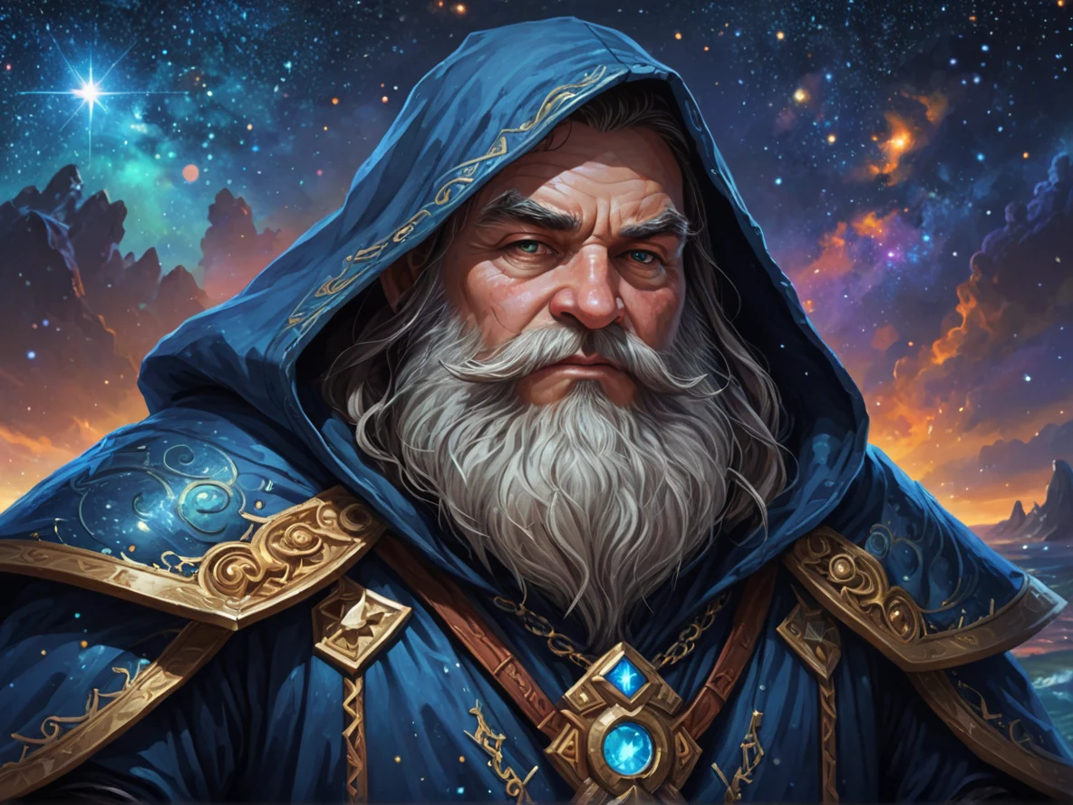 Rift-touched (Dwarf:1.1), Warden, Wears a cloak made of starry skies, close-up portrait, deep ocean, weak