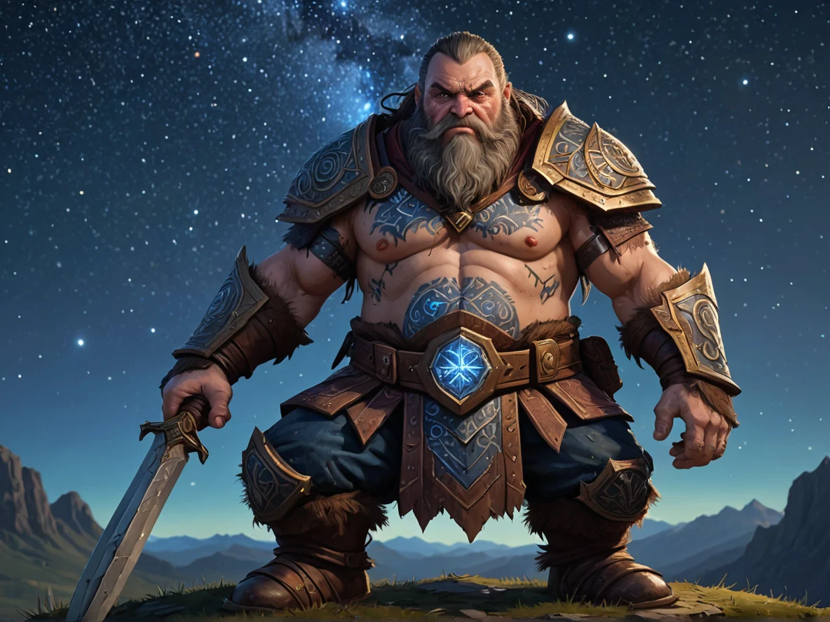 Tenacious (Dwarf:1.1), Knight, Body covered in scar-shaped runes, low angle shot, starry plains, weak