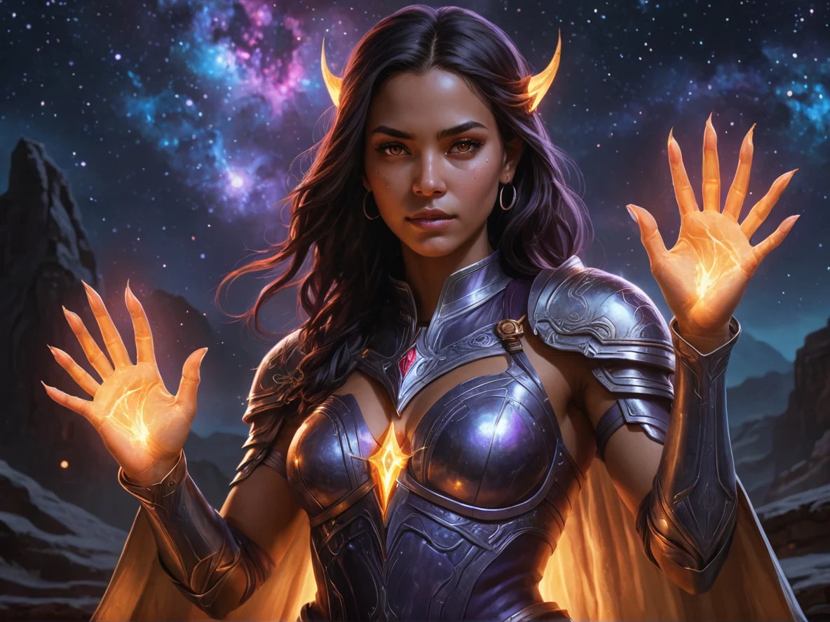 Voidborn Human female, Latino, Templar, Hands glow with ethereal fire, medium close-up, starry sky, weak