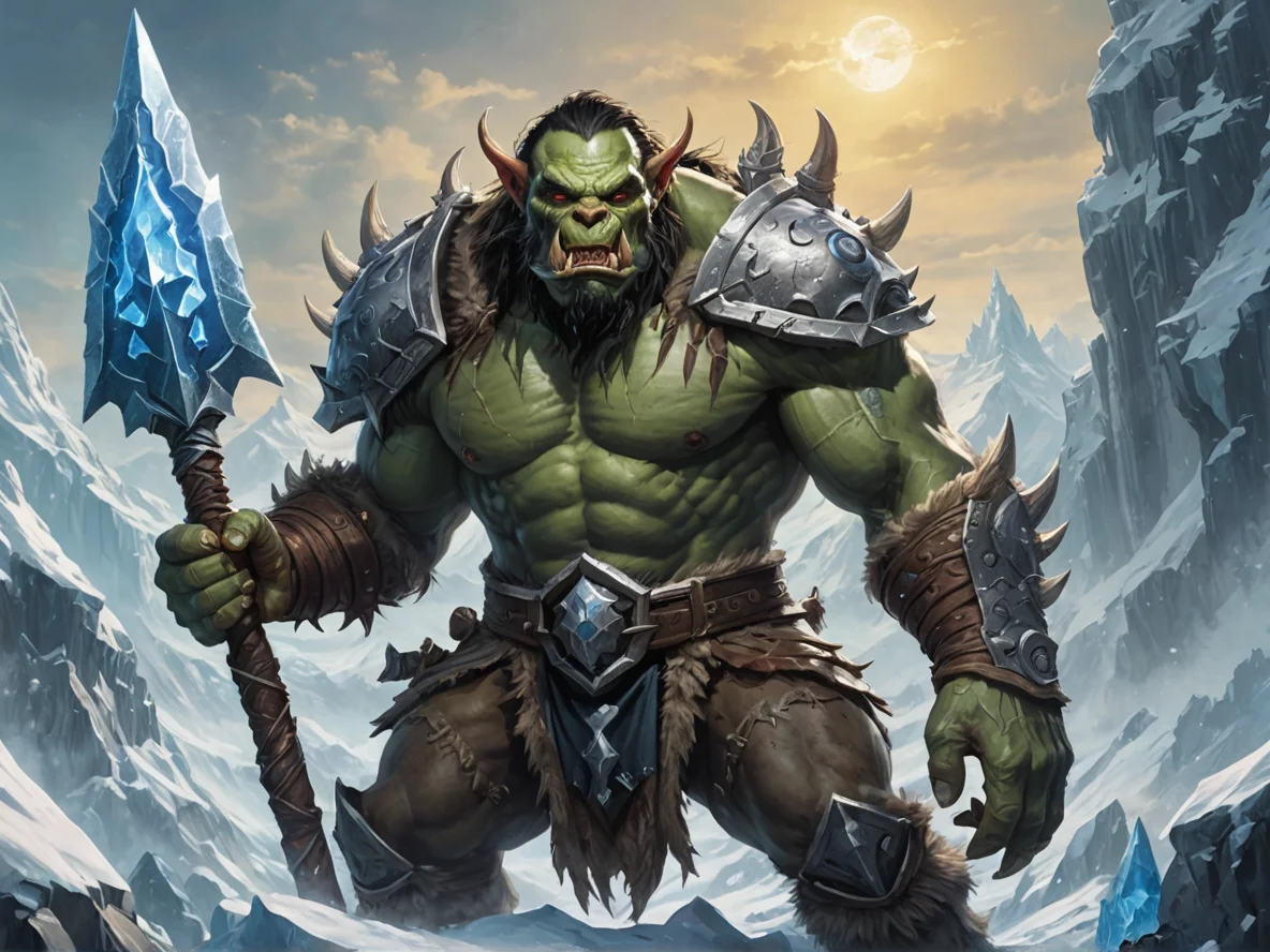 Rift-touched (Orc:1.1), Beastmaster, Hurling frost spears atop icy spire, waist-up shot, fantasy market, weak