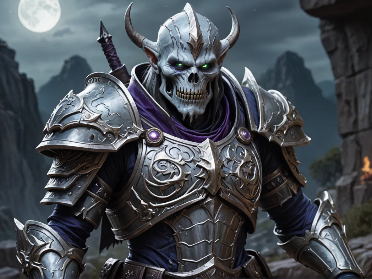 Voidborn (Undead:1.1), Bone Warden, Armor inlaid with thin lines of moonlit silver, medium close-up, cliff edge, weak