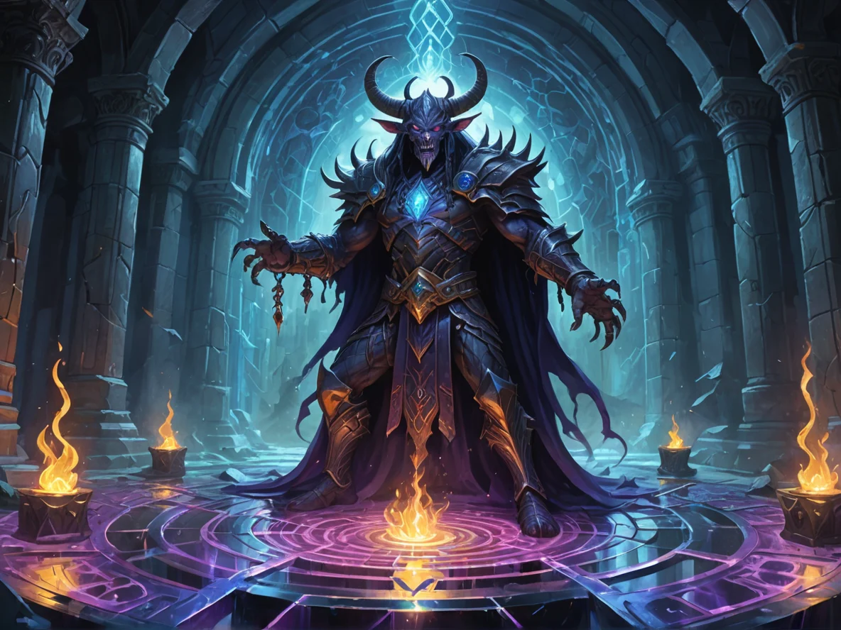 Ascendant (Demon:1.1), Necromancer, In a crystal labyrinth, low angle shot, wizard tower, weak