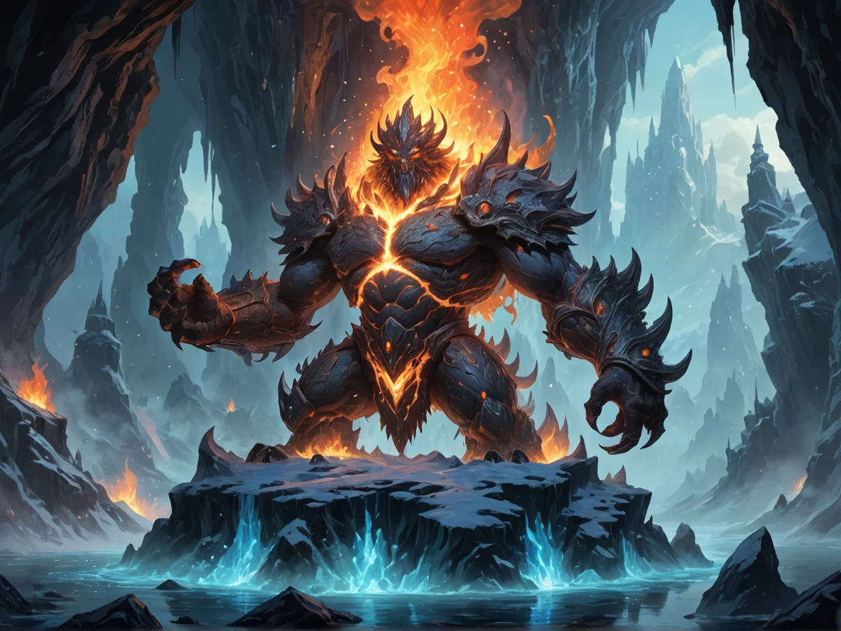Radiant (Fire Elemental:1.1), smoldering coal body, ash veil, delicate silhouette, In a kingdom of ice, surrounded by glittering stalactites, three-quarter view, floating island, weak