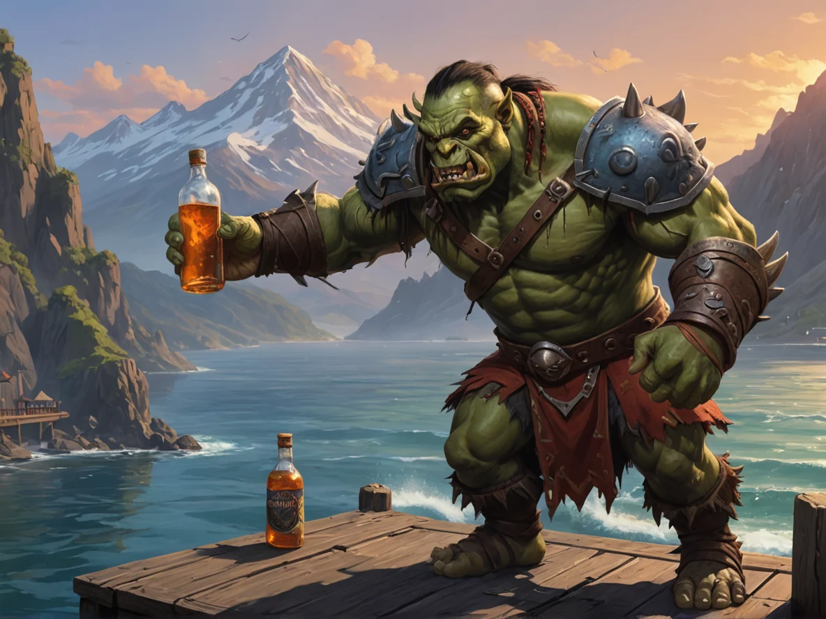 Shadowbound (Orc:1.1), Gladiator, On a dock, tossing a bottle into the sea, medium close-up, volcanic mountain, weak