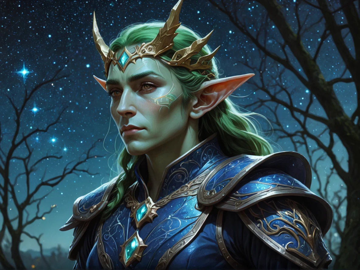 Mystical (Elf:1.1), Warden, A constellation connecting itself above the figure, close-up portrait, ancient orchard, weak