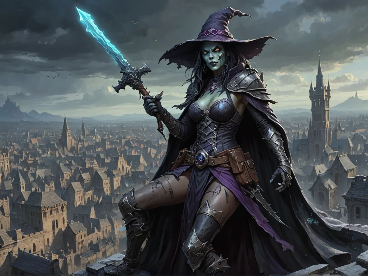 Vindictive (Undead:1.1), Witch, Atop a crumbling tower, brandishing a legendary weapon, close-up portrait, ruined city, weak