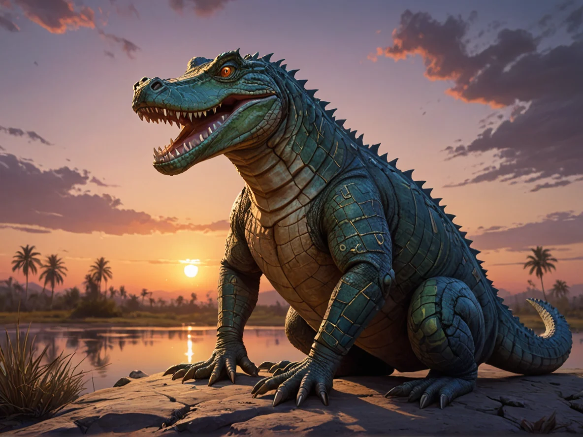 Pessimistic (Caiman:1.1), Body covered in scar-shaped runes, full-body shot, sunset sky, weak