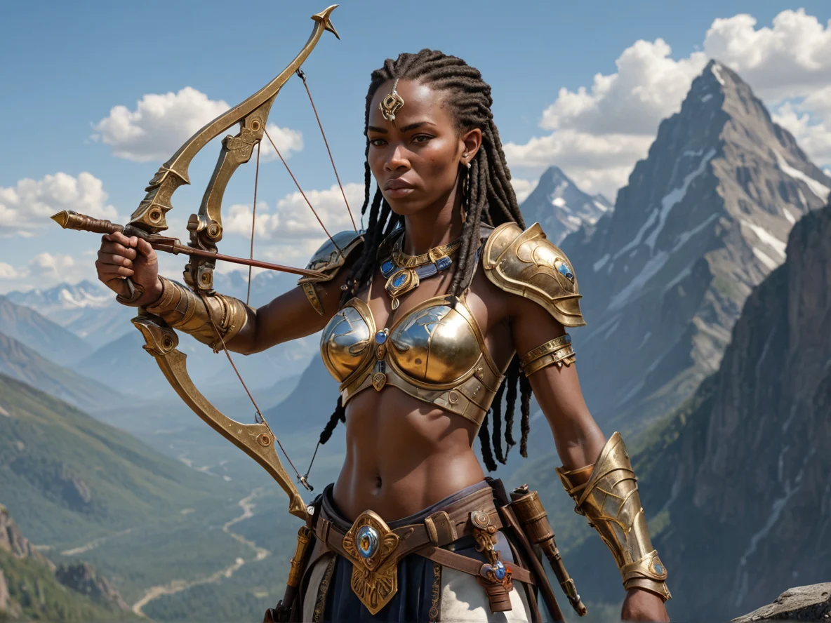 Savage Human female, African, Inquisitor, A crossbow assembled from bone and polished brass, three-quarter view, mountain peak, weak