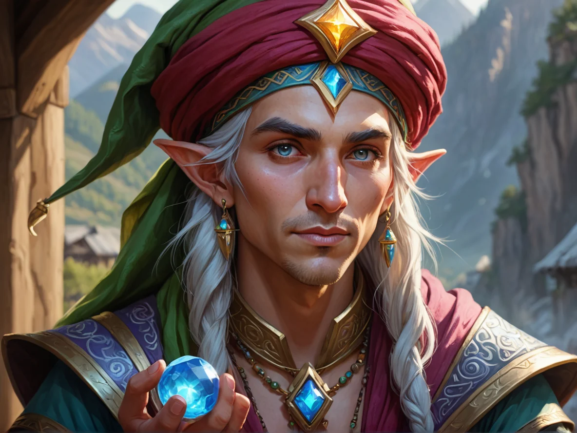 Starforged (Elf:1.1), Spiritwalker, A turban wrapped around a levitating gemstone, close-up portrait, mountain village, weak