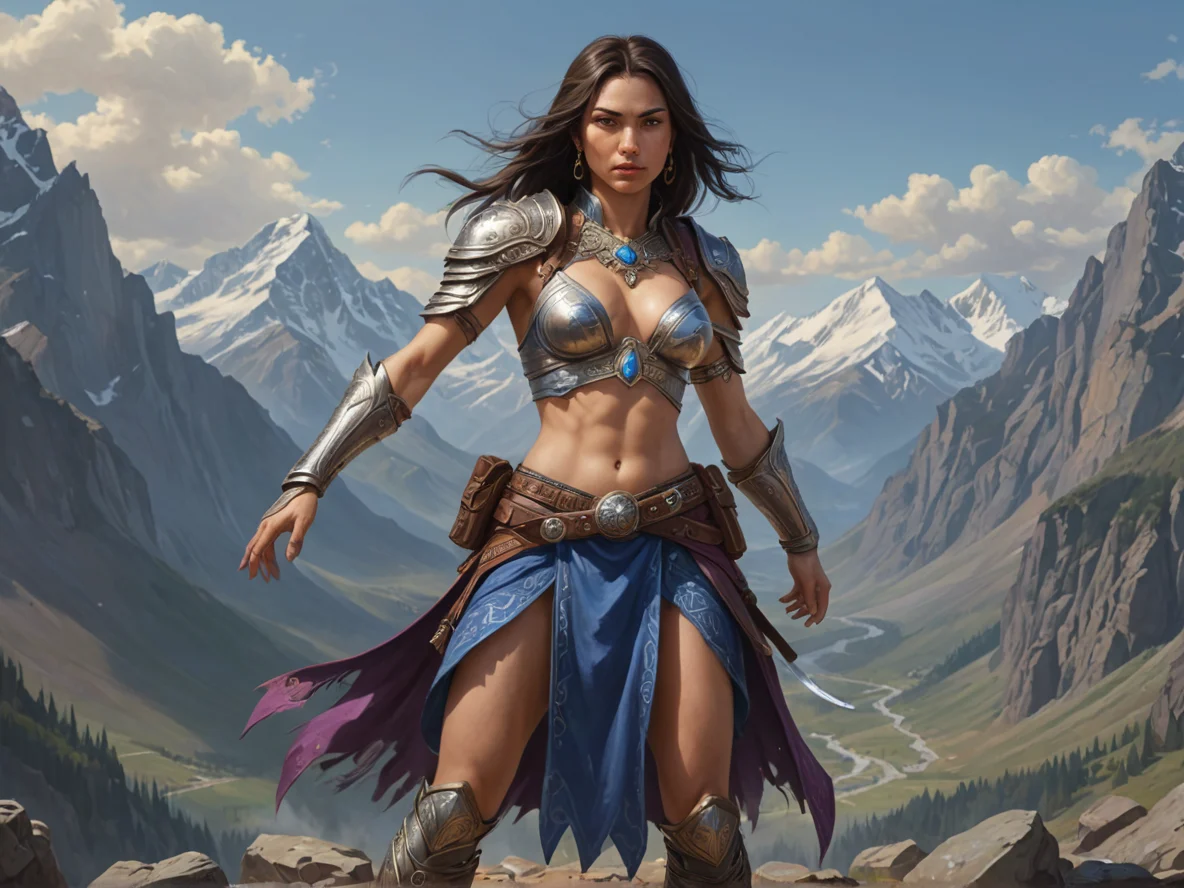 Arrogant Human female, Central Asian, Assassin, A second spectral pair of arms mimicking every gesture, full-body shot, mountain peak, weak