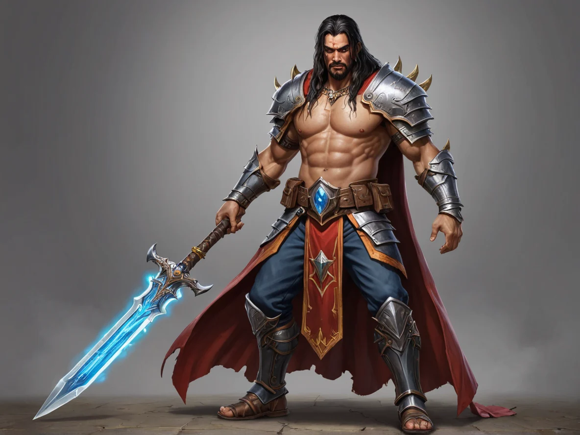 Strategic Human male, Latino, Cleric, Poison-dripping short sword, full-body shot, weak