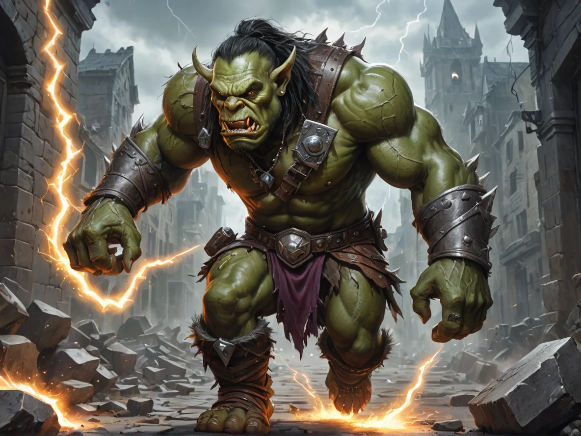 Crystal-eyed (Orc:1.1), Berserker, Leaning into a sprint with lightning at their heels, close-up portrait, city ruins, weak