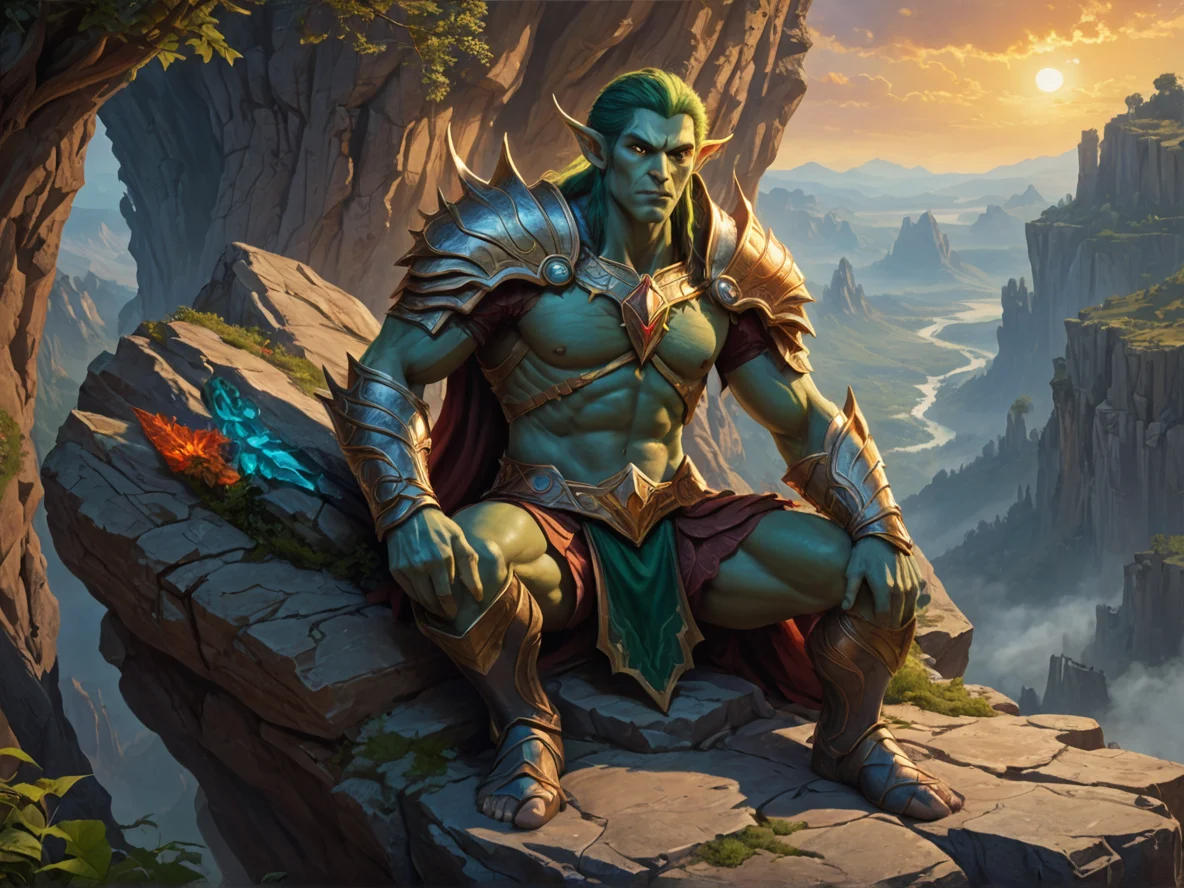 Ember-eyed (Elf:1.1), Spellblade, On a cliff carved into the likeness of a sleeping titan, dynamic angle, magical garden, weak