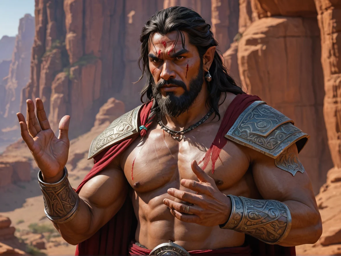 Unforgiving Human male, South Asian, Cleric, Hands blackened as if dipped in ink, three-quarter view, red canyon, weak