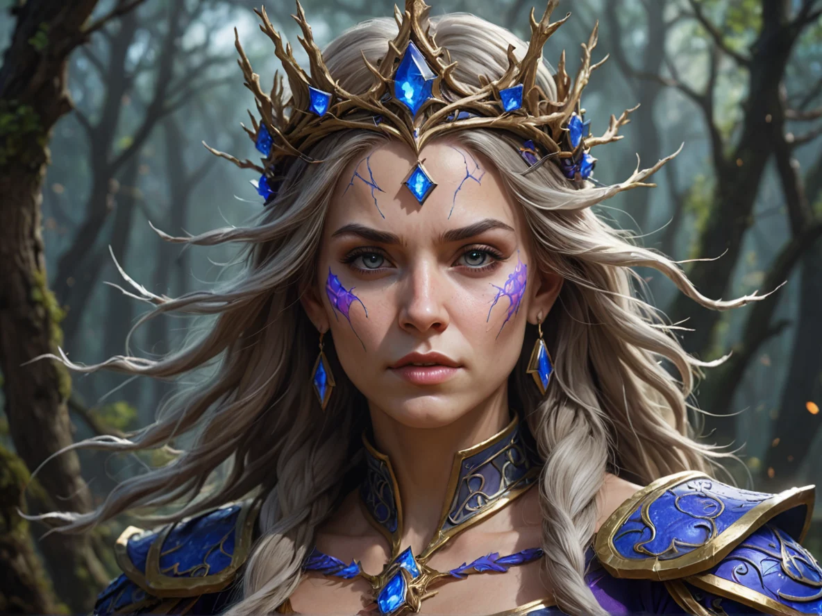 Windscarred Human female, Caucasian, Battlemage, Crown made of twisted branches, medium close-up, astral void, weak