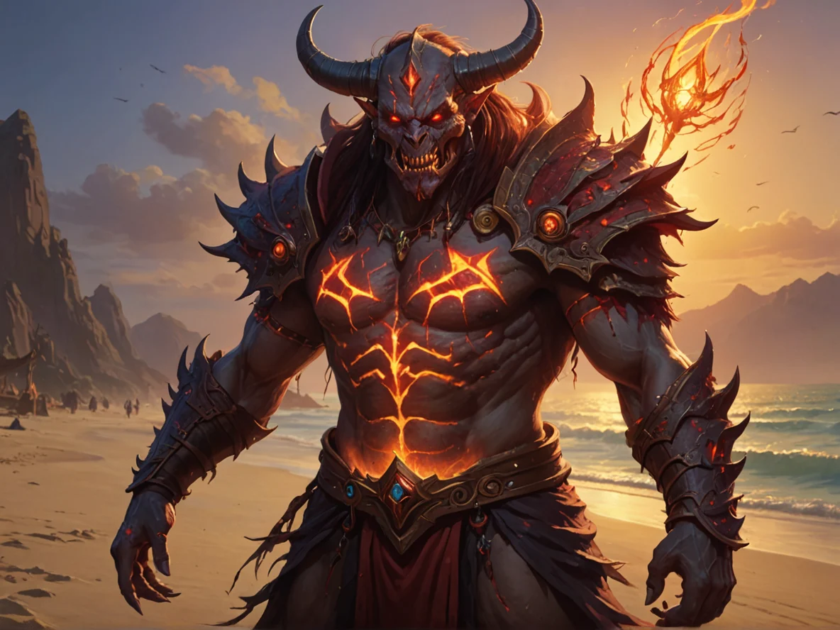 Infernal (Demon:1.1), Blood Mage, A spine lined with small glowing sails, waist-up shot, sandy beach, weak