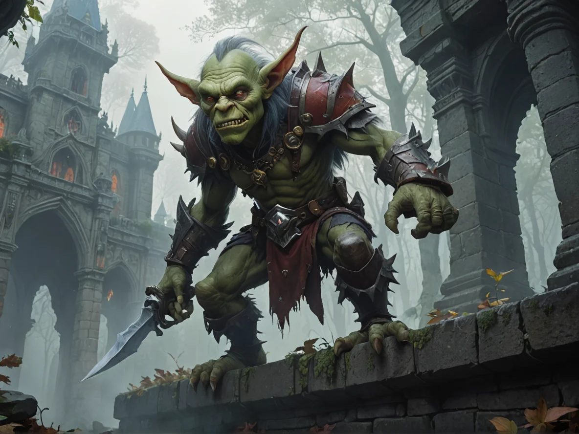 Wild (Goblin:1.1), Assassin, Patrolling crystal palace walls, low angle shot, misty forest, weak