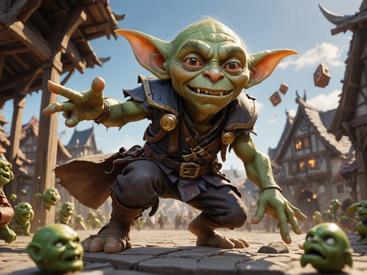 Determined (Goblin:1.1), Gunslinger, A cascade of tiny runes pouring from an open hand, low angle shot, village square, weak