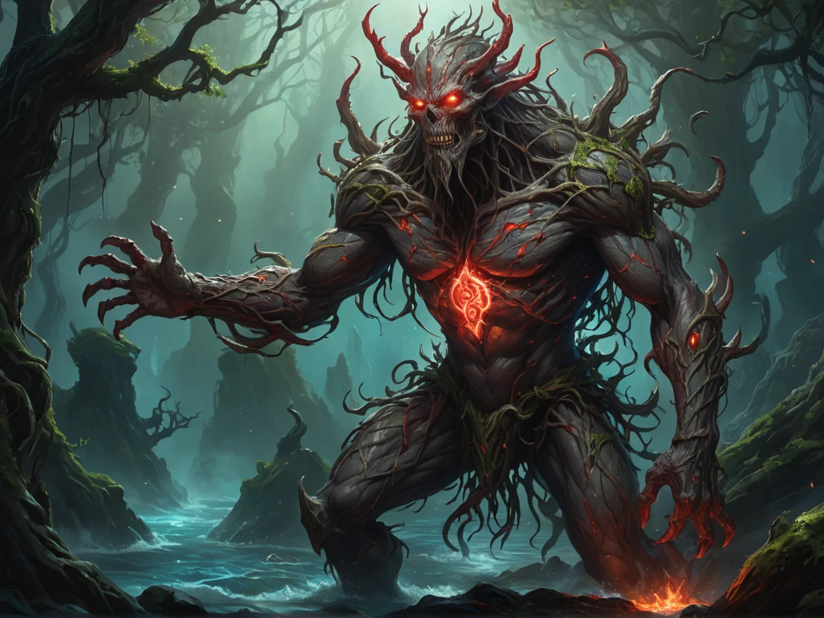 Spectral (Earth Elemental:1.1), mud-and-vine creature, winding limbs, rooted stance, Blood-red runes glowing across the chest, three-quarter view, deep ocean, weak