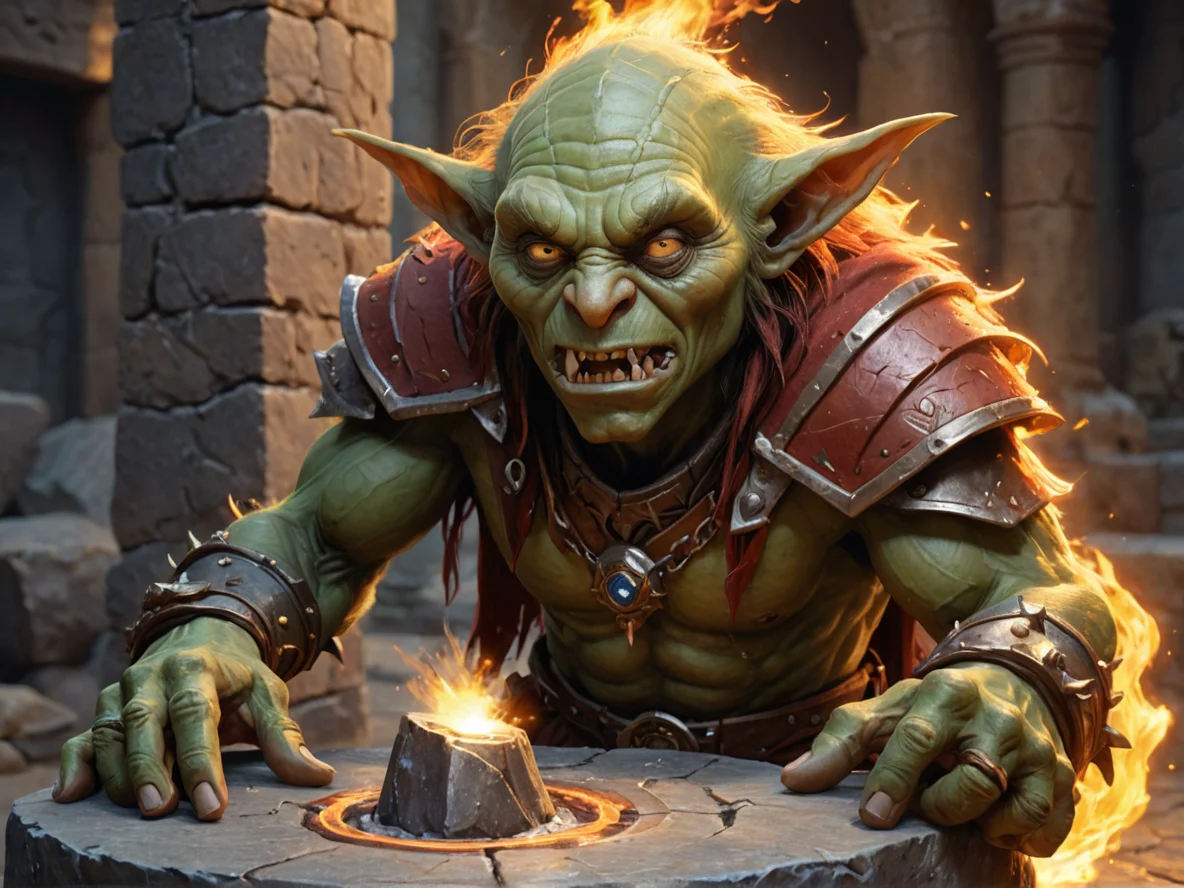 Emberborn (Goblin:1.1), Spellbreaker, Pressing one palm against a cracked stone seal, close-up portrait, weak