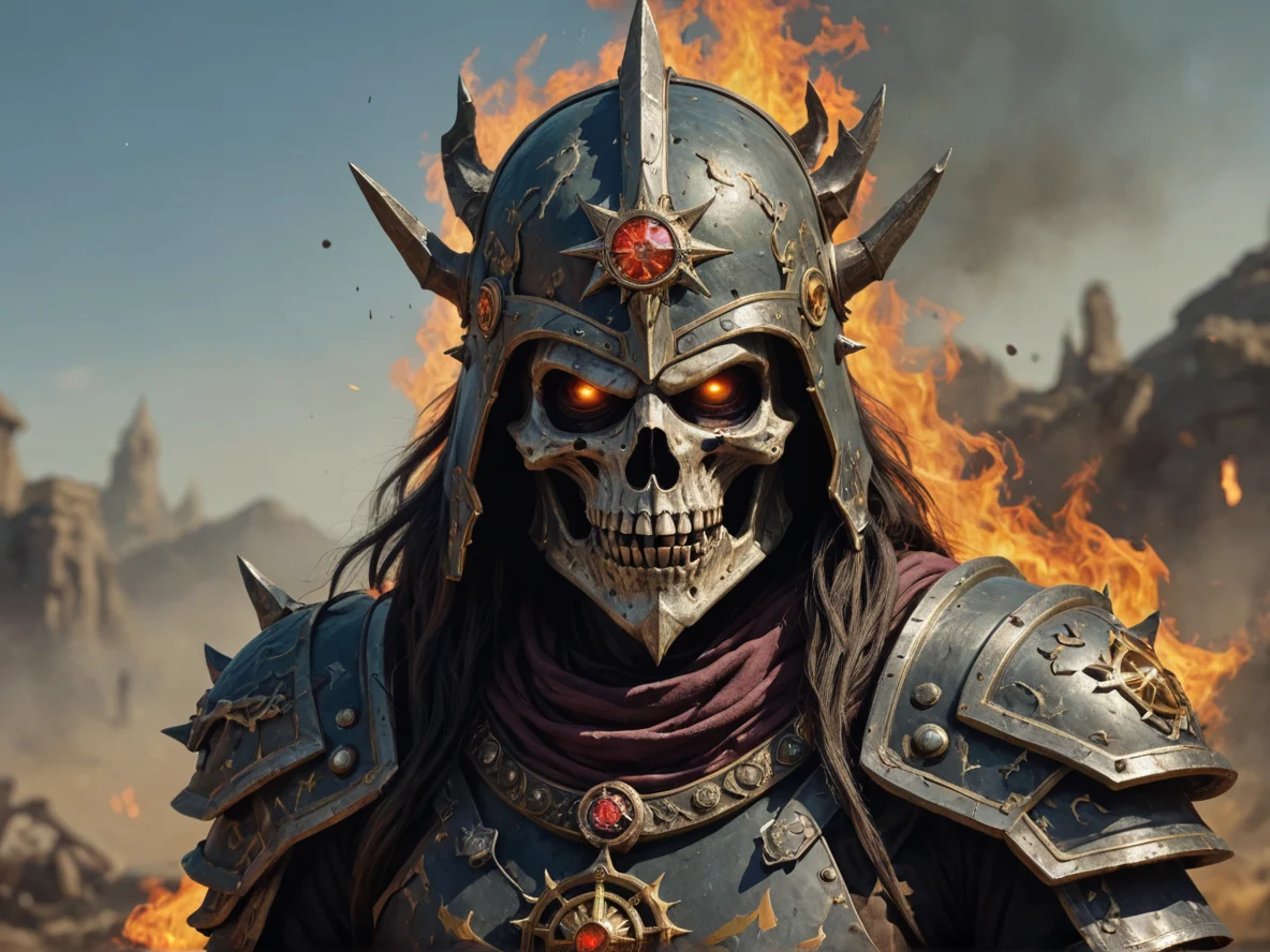 Sunblessed (Undead:1.1), Warlock, A helmet crowned with a slowly turning compass rose, waist-up shot, scorched battlefield, weak