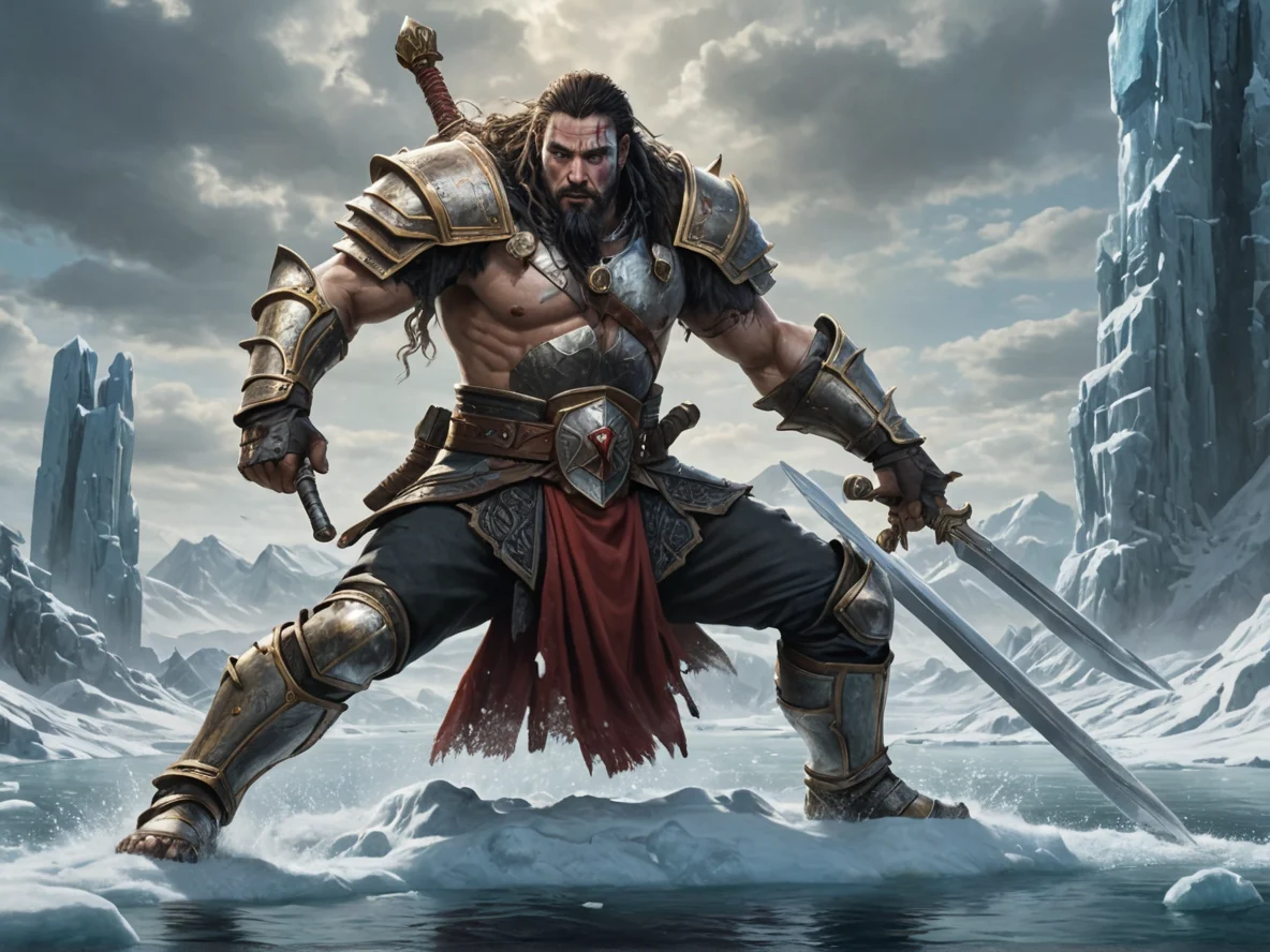 Brave Human male, North African, Templar, Duelling atop submerged tower, waist-up shot, frozen tundra, weak