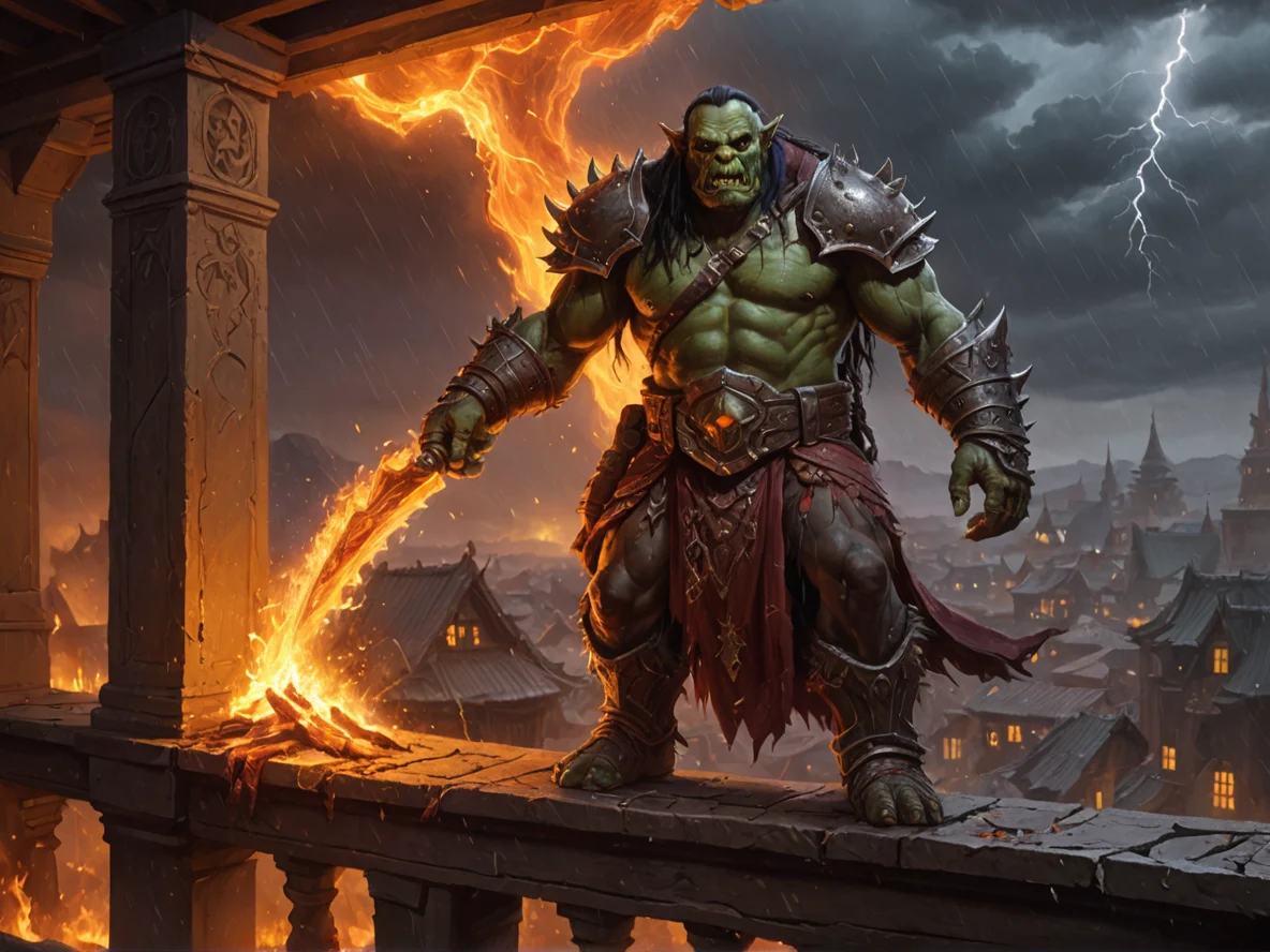Graveborn (Orc:1.1), Warlock, On a balcony overlooking a storm of falling embers, full-body shot, golden desert, weak
