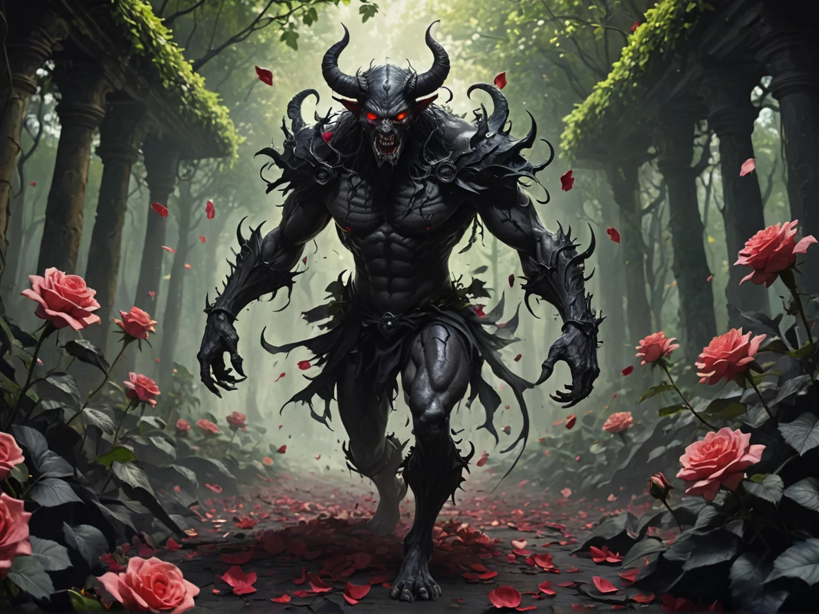 Dream-walking (Demon:1.1), Illusionist, In a garden of black roses, petals drifting in slow motion, full-body shot, deep ravine, weak