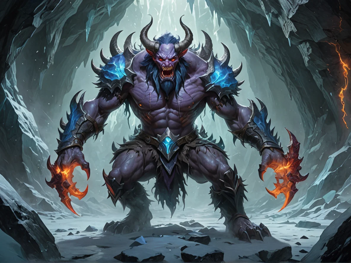 Hot-headed (Demon:1.1), Voidwalker, Standing motionless as arrows freeze around them, three-quarter view, glacial cave, weak