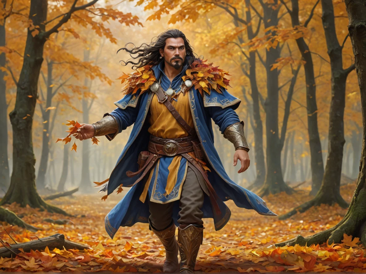 Spectral Human male, Latino, Sorcerer, Hair carrying miniature drifting autumn leaves, three-quarter view, ancient battlefield, weak