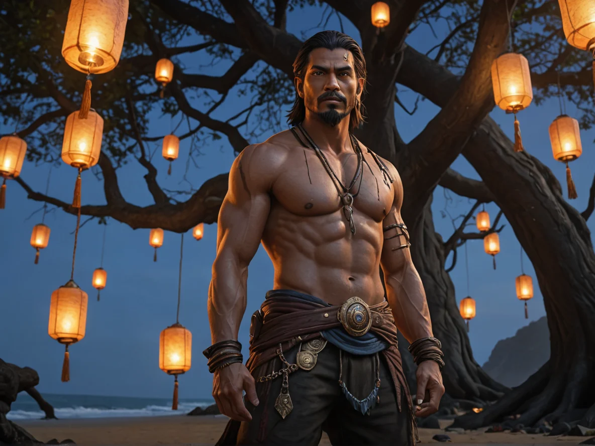Charismatic Human male, South Asian, Gunslinger, Beneath a dead tree covered in hanging lanterns, low angle shot, black sand beach, weak