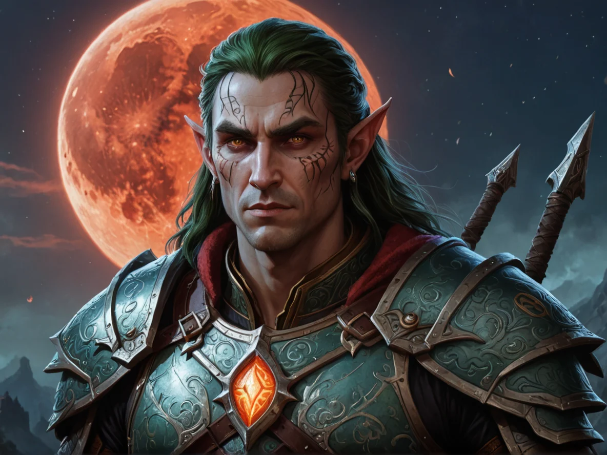 Ironclad (Elf:1.1), Ranger, Skin etched with glowing runes, medium close-up, blood moon sky, weak