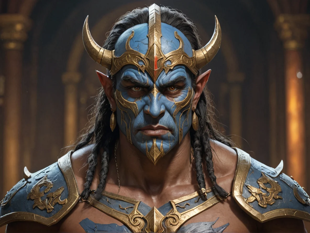 Calculated Human male, Mixed ethnicity, Warrior, A mask painted with a permanent sorrowful expression, dynamic angle, grand library, weak