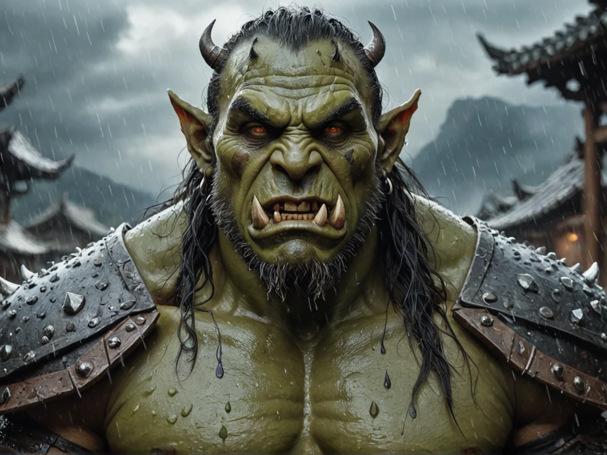 Charismatic (Orc:1.1), Beastmaster, Droplets of rain suspended motionless nearby, close-up portrait, cloud monastery, weak