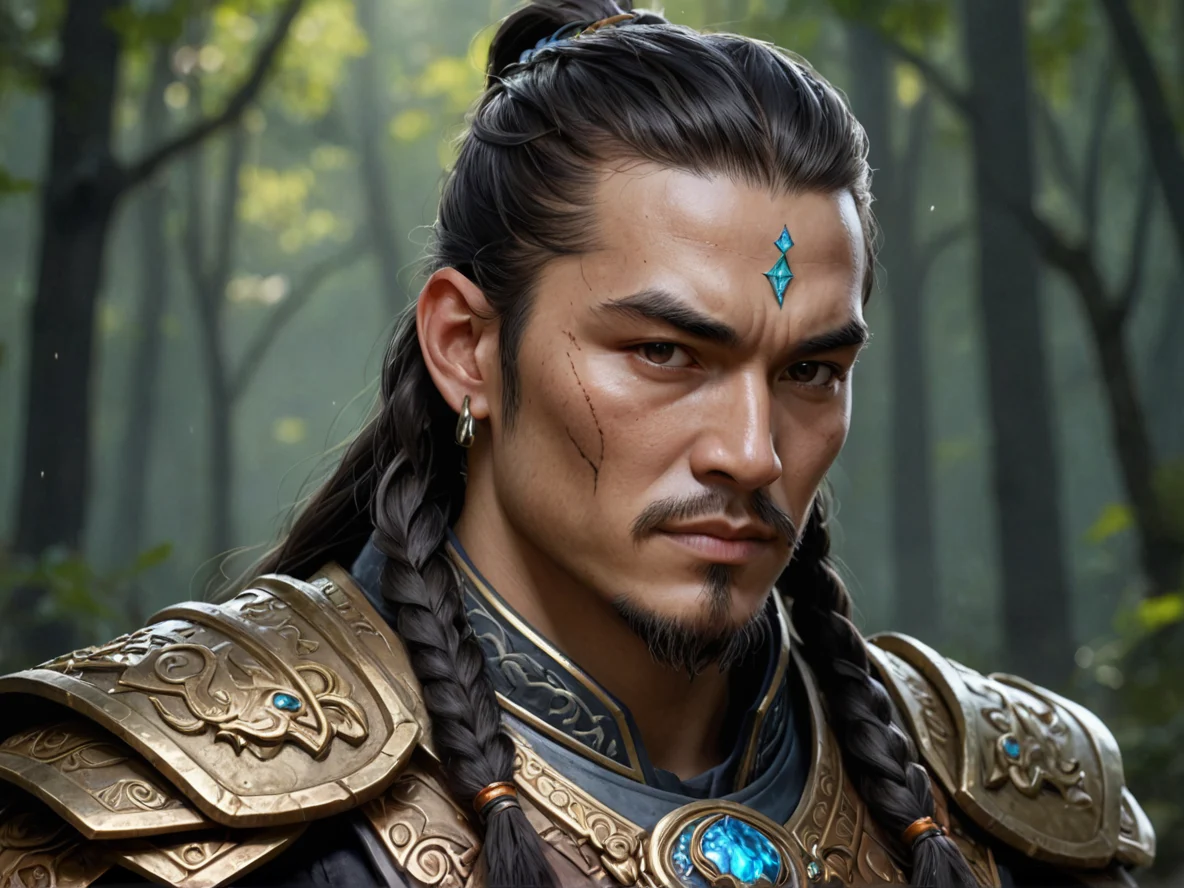 Flameforged Human male, East Asian, Cleric, Hair braided around fragments of polished bone, medium close-up, dark swamp, weak