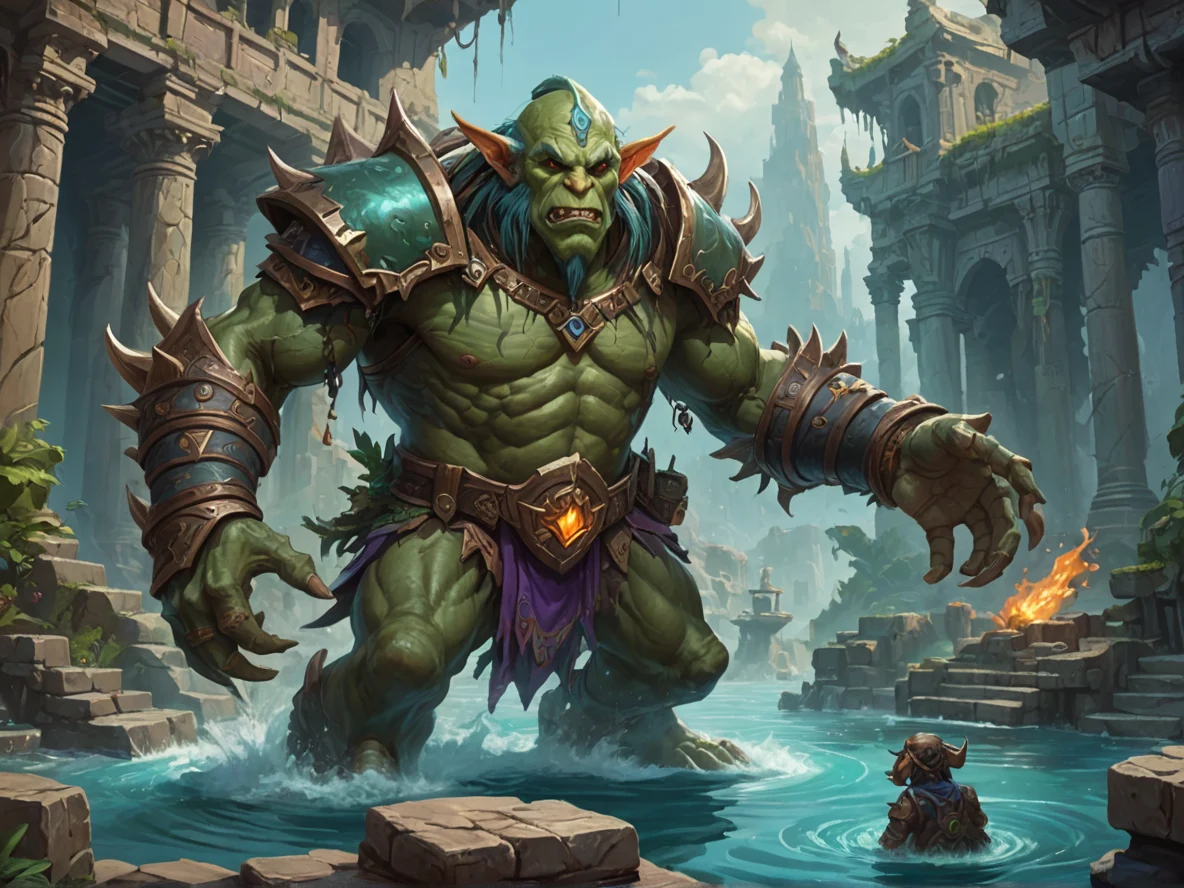 Grim (Elf:1.1), Druid, Grappling golem in sunken city, waist-up shot, floating ruins, weak