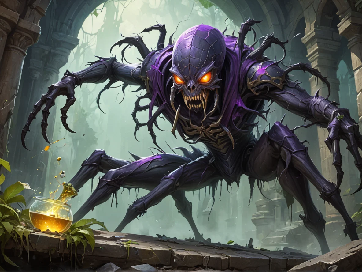 Void-touched (Giant Spider:1.1), Pouring a potion onto a blade as vapor rises, medium close-up, overgrown ruins, weak