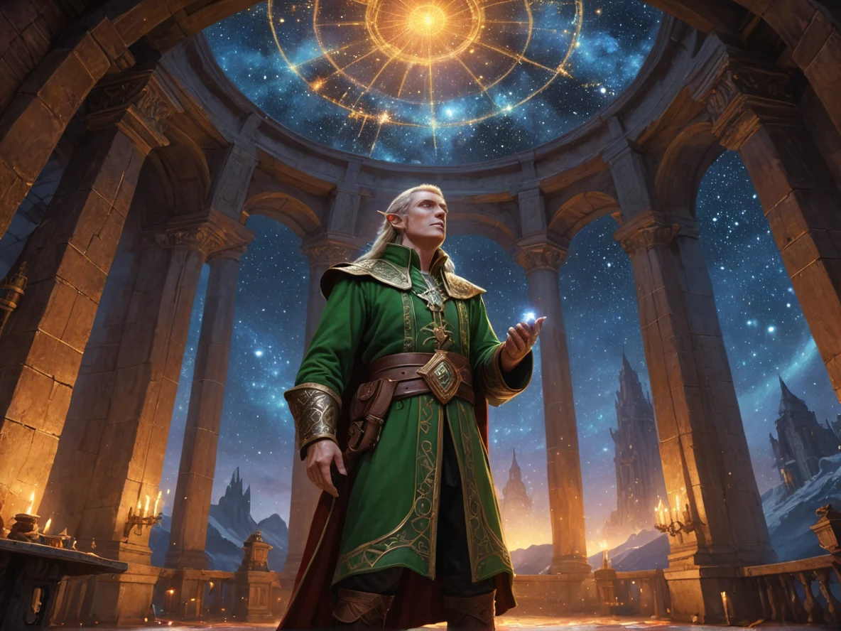 Altruistic (Elf:1.1), Enchanter, Inside a tower room filled with rotating star maps, low angle shot, ancient battlefield, weak
