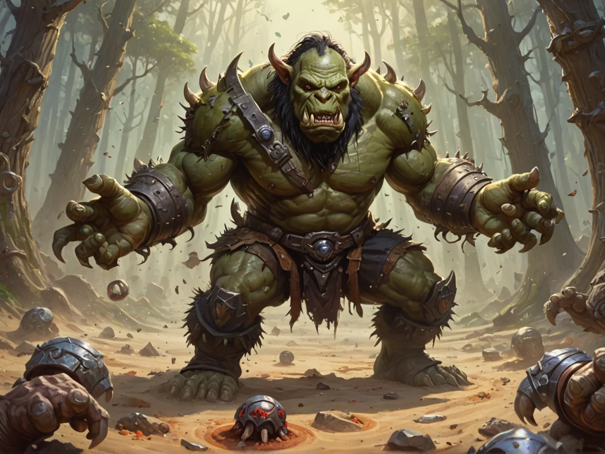 Vicious (Orc:1.1), Juggernaut, Hands surrounded by tiny rings of orbiting sand, dynamic angle, mushroom forest, weak