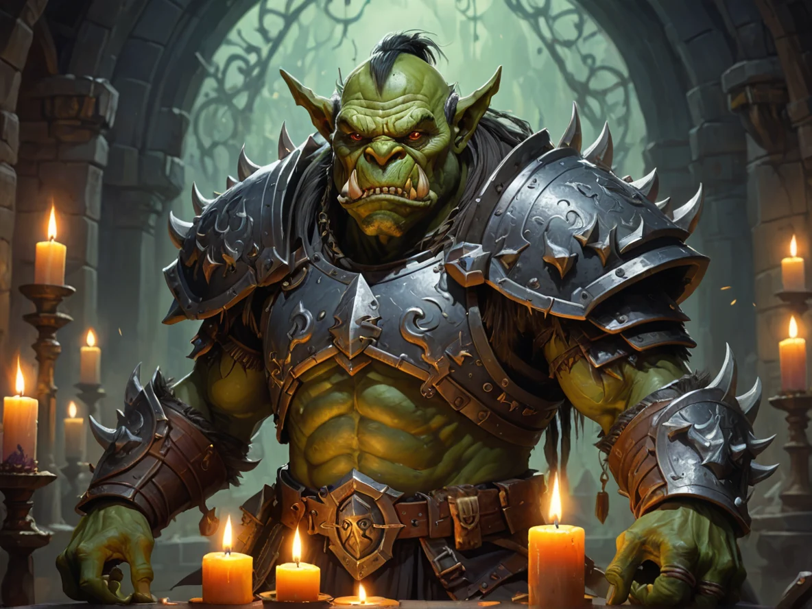 Eccentric (Orc:1.1), Dragon Knight, A circle of candles floating at shoulder height, waist-up shot, weak