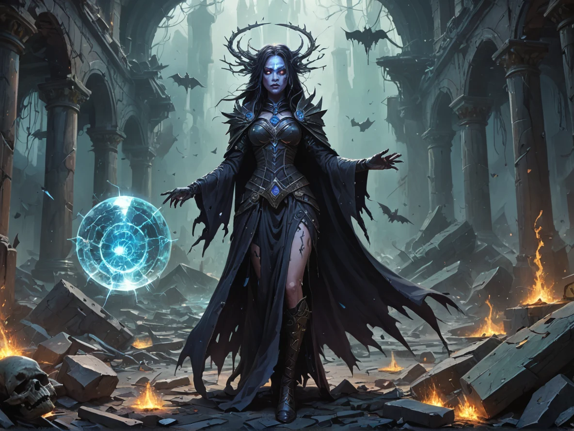 Altruistic (Undead:1.1), Witch, A halo of shattered glass orbiting slowly, full-body shot, floating ruins, weak