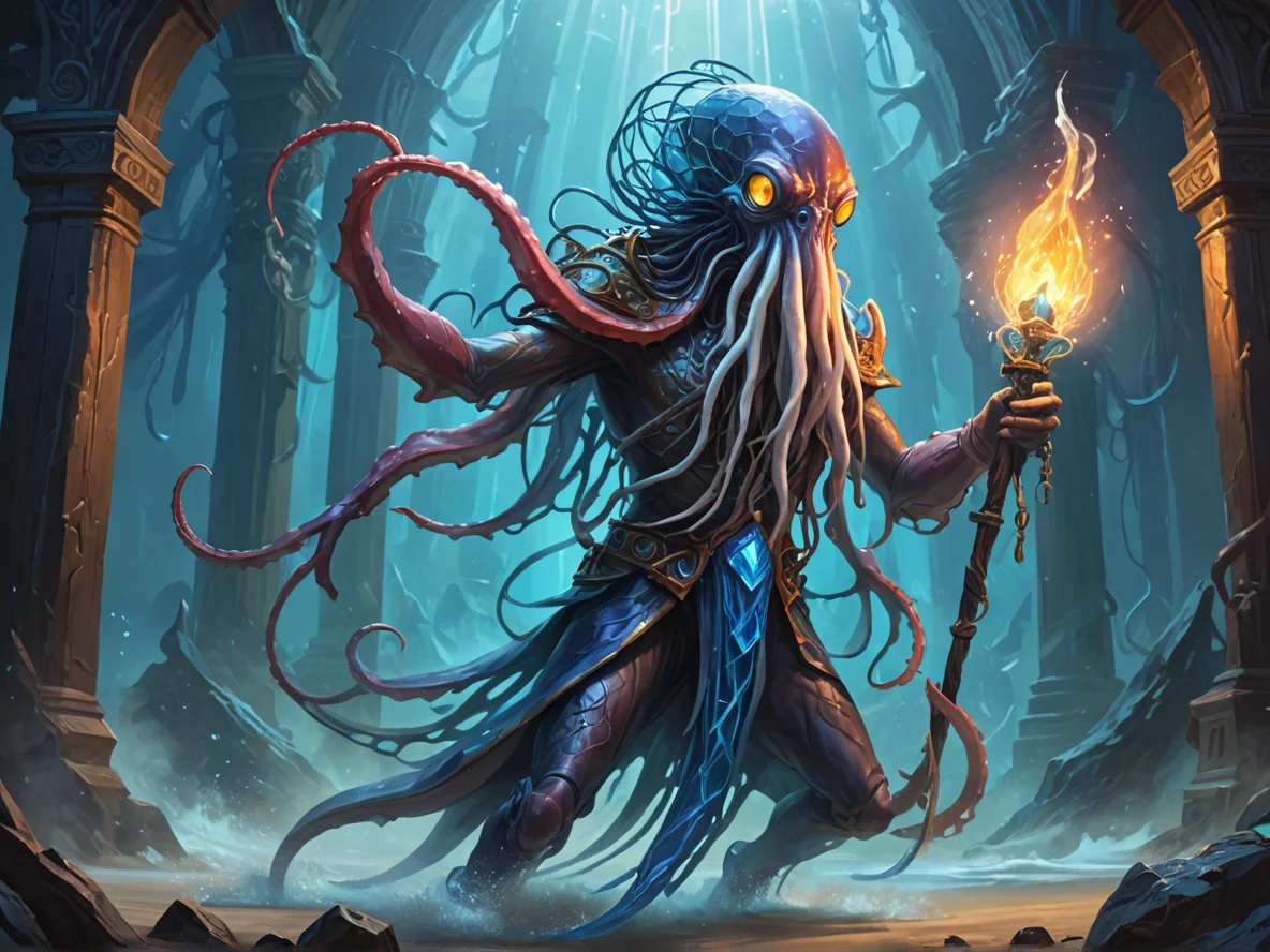 Inquisitive (Giant Squid:1.1), A staff topped by a cage holding a blue flame, three-quarter view, crystal desert, weak